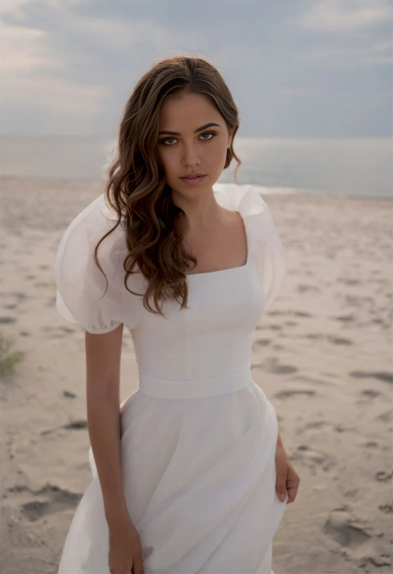 Vestidos de novia de manga corta, escote cuadrado y cola en forma de A